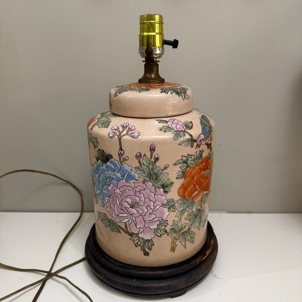Chinese Ginger Jar Table Lamp Enamel Porcelain Pink Floral Bird Chinoiserie